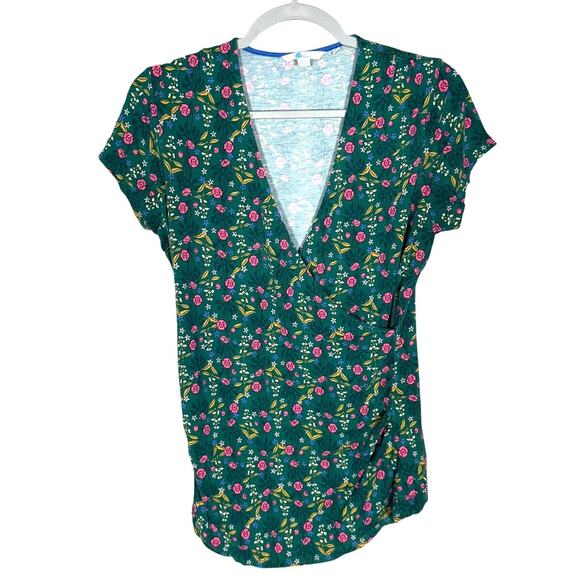 Boden Floral Print Faux Wrap Top Short Sleeve Blouse Green Size 10 - Picture 1 of 4